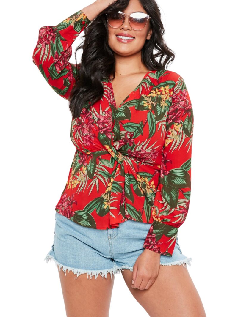 Curve Red Tropical Print Drape Blouse
