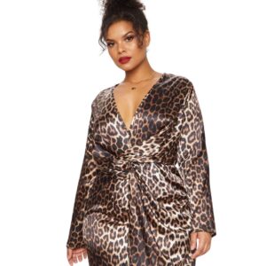 Plus Leopard Print Satin Twist Front Shift Dress