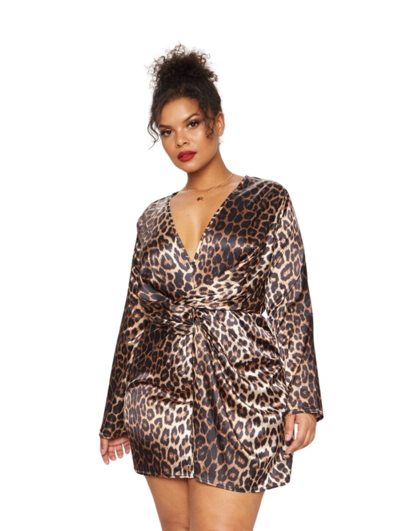 Plus Leopard Print Satin Twist Front Shift Dress