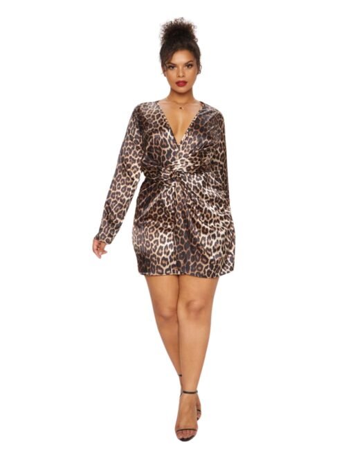 Plus Leopard Print Satin Twist Front Shift Dress