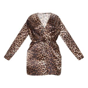 Plus Leopard Print Satin Twist Front Shift Dress