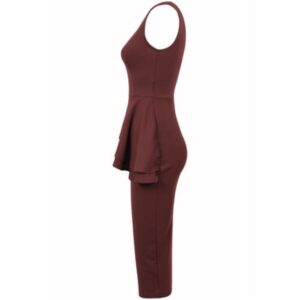 Burgundy Side Slant Peplum Frill Midi Dress