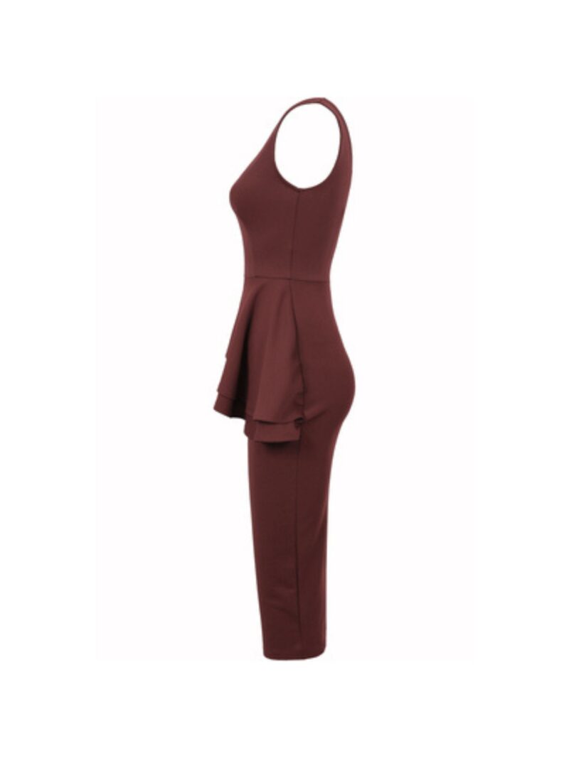 Burgundy Side Slant Peplum Frill Midi Dress