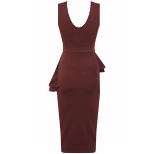 Burgundy Side Slant Peplum Frill Midi Dress