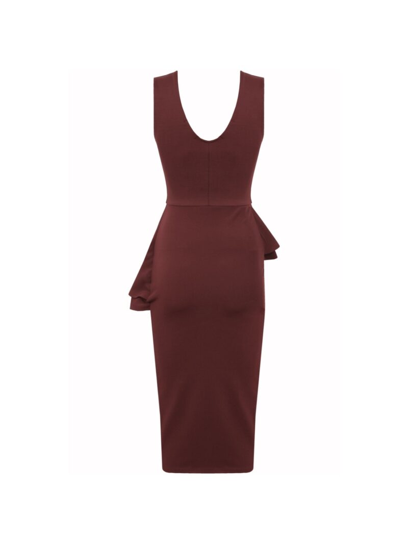 Burgundy Side Slant Peplum Frill Midi Dress
