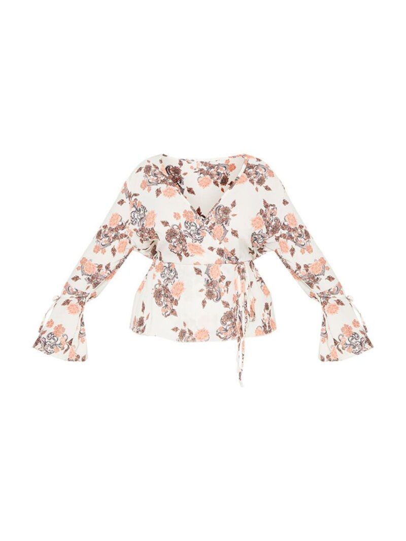 Plus Cream Floral Plunge Wrap Top