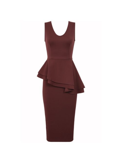 Burgundy Side Slant Peplum Frill Midi Dress