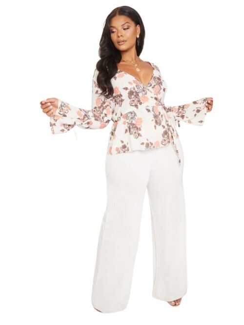 Plus Cream Floral Plunge Wrap Top