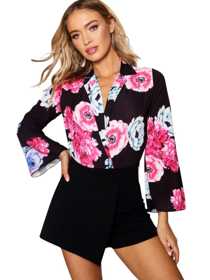 Floral Wide Sleeve Bodycon Black