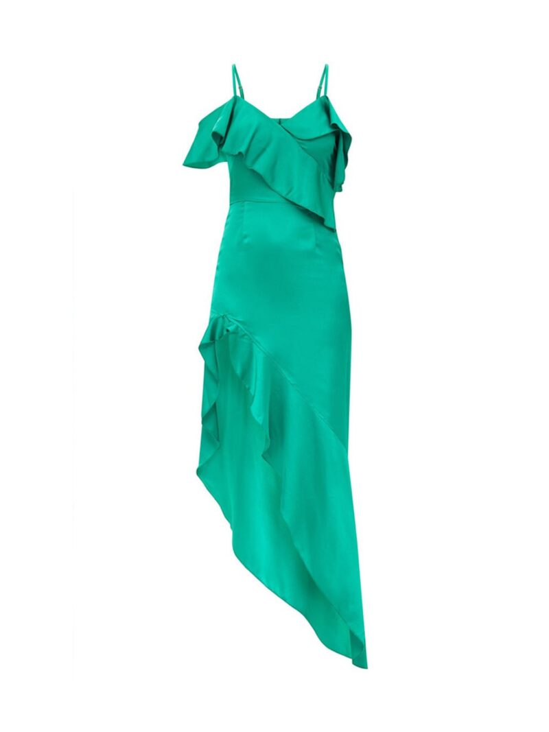 Green Satin Asymmetric Hem Maxi Dress