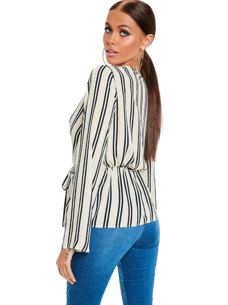 Nude Stripe Drape Front Plunge Blouse