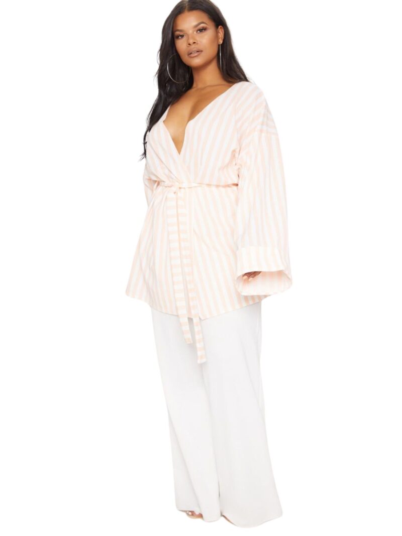 Plus Nude Striped Belted Oversized Sleeve Blaze