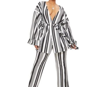 Black Striped Belted Oversized Sleeve Blazer
