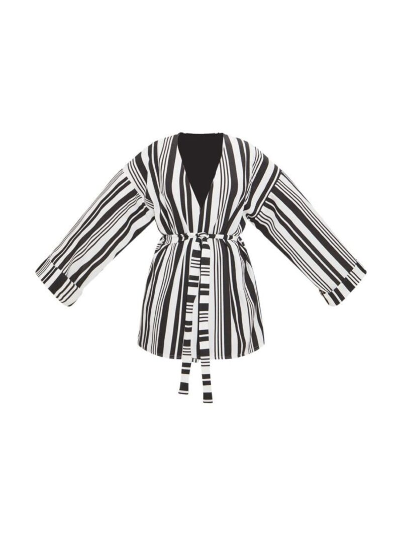 Black Striped Belted Oversized Sleeve Blazer
