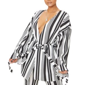 Black Striped Belted Oversized Sleeve Blazer