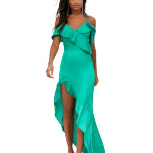 Green Satin Asymmetric Hem Maxi Dress