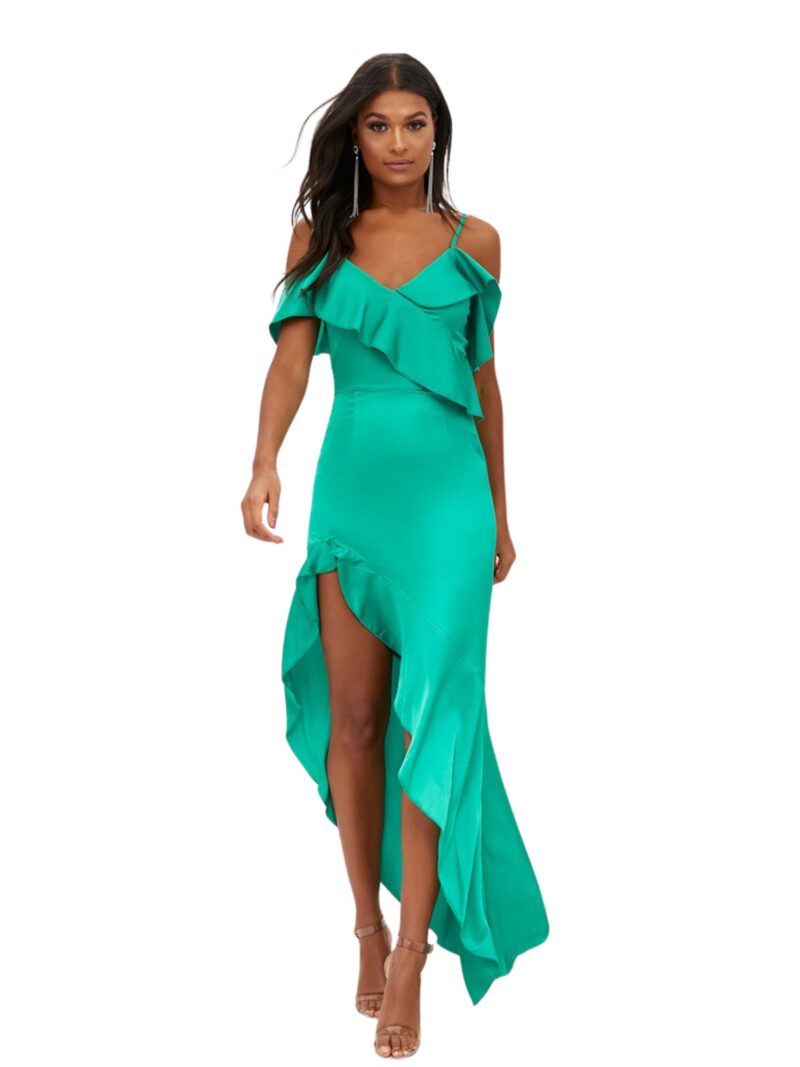 Green Satin Asymmetric Hem Maxi Dress
