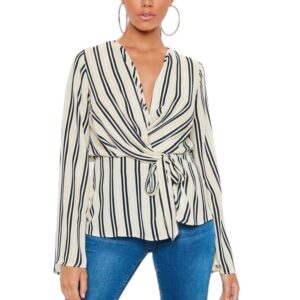 Nude Stripe Drape Front Plunge Blouse