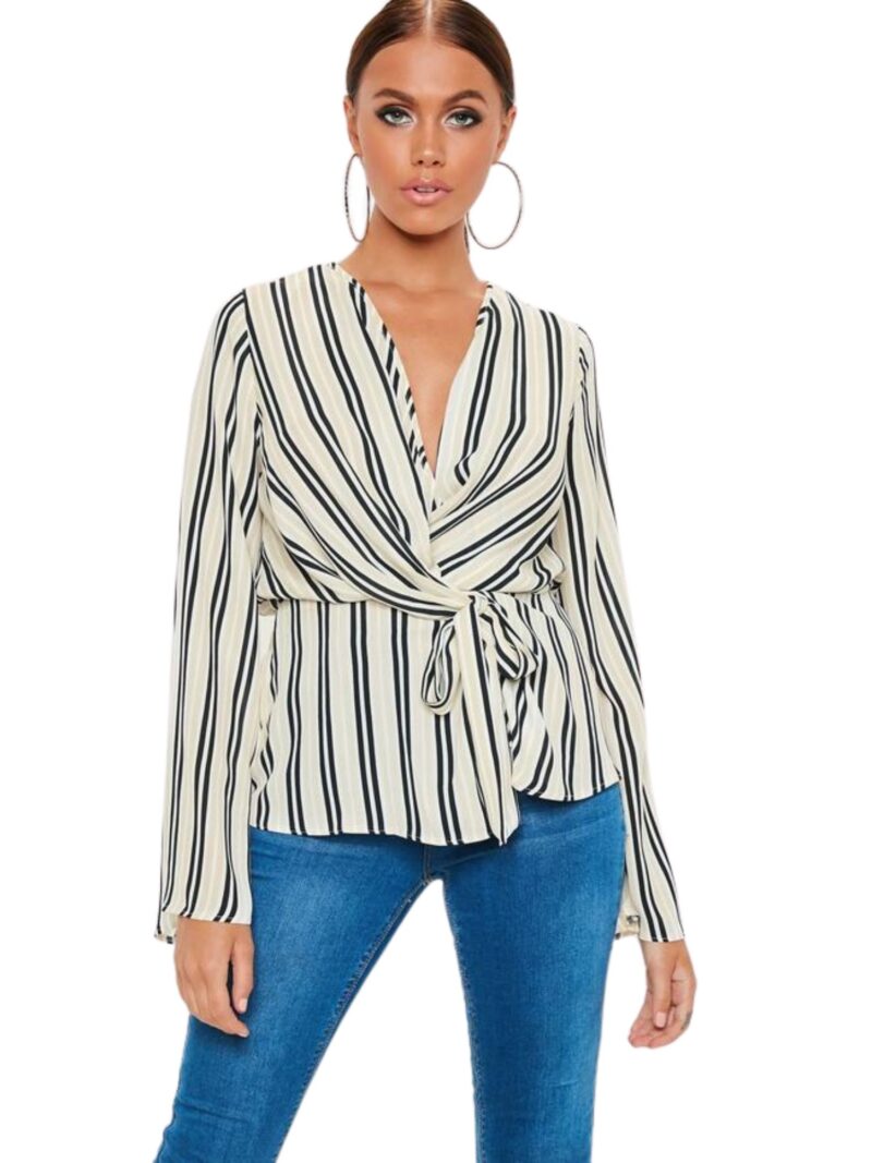 Nude Stripe Drape Front Plunge Blouse