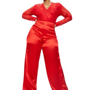 Plus Red Satin Wide Leg Trousers
