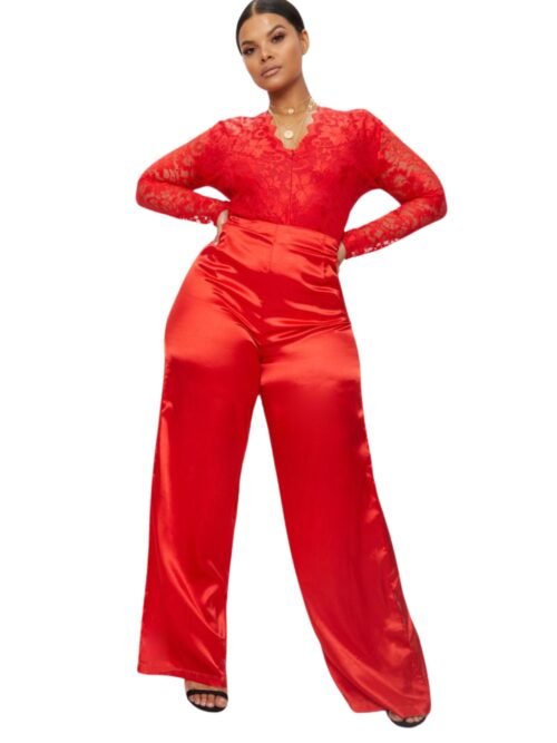 Plus Red Satin Wide Leg Trousers