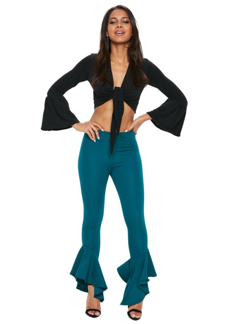 Teal Asymmetric Frill Side Cigarette Trousers
