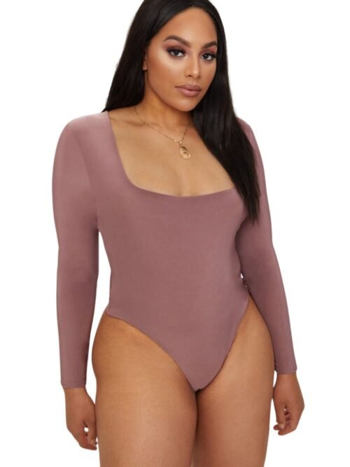 Mauve Square Neck Thong Bodysuit