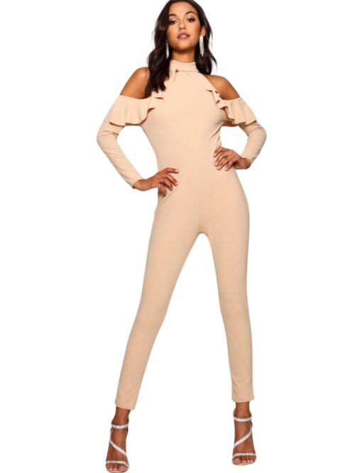 High Neck Ruffle Cold Shoulder Jumpsuit