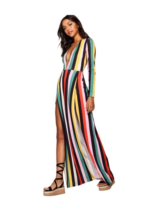 Tall Katie Plunge Side Split Stripe Maxi Dress