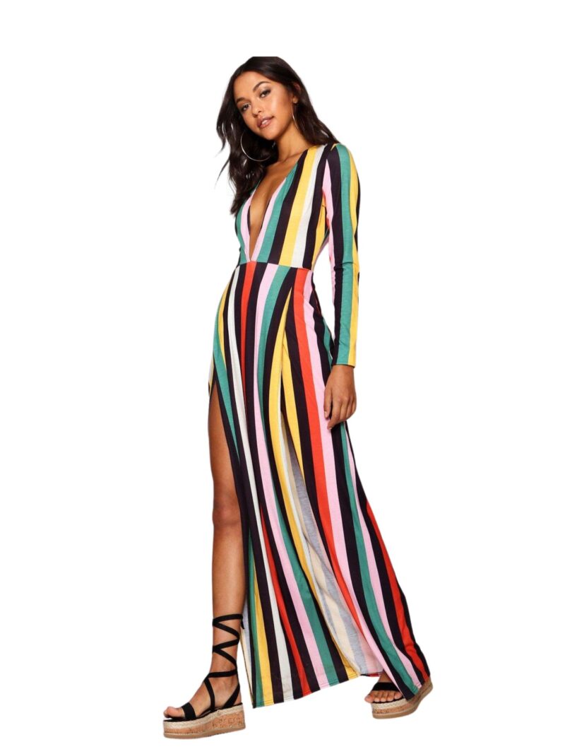 Tall Katie Plunge Side Split Stripe Maxi Dress
