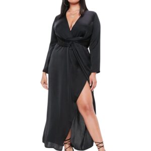 Curve Satin Thigh Split Wrap Maxi Dress Black