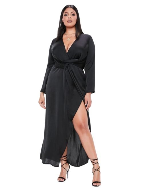 Curve Satin Thigh Split Wrap Maxi Dress Black