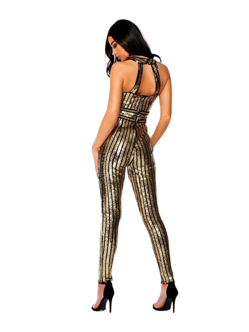 Black/Gold Sequin Stripe V Neck Jumpsuit