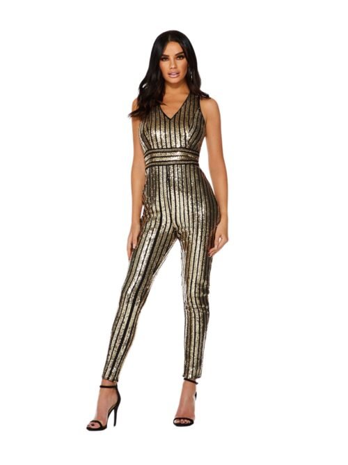 Black/Gold Sequin Stripe V Neck Jumpsuit