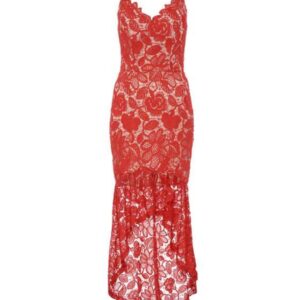 Red/Nude Crochet V Neck Red Dress