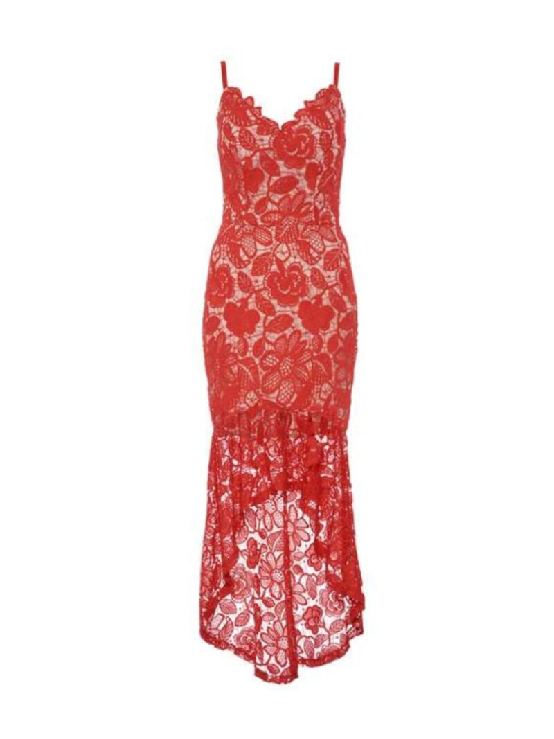 Red/Nude Crochet V Neck Red Dress