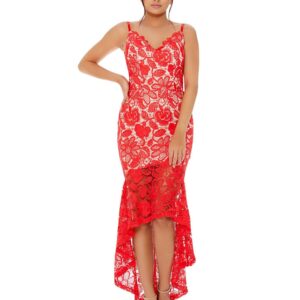 Red/Nude Crochet V Neck Red Dress