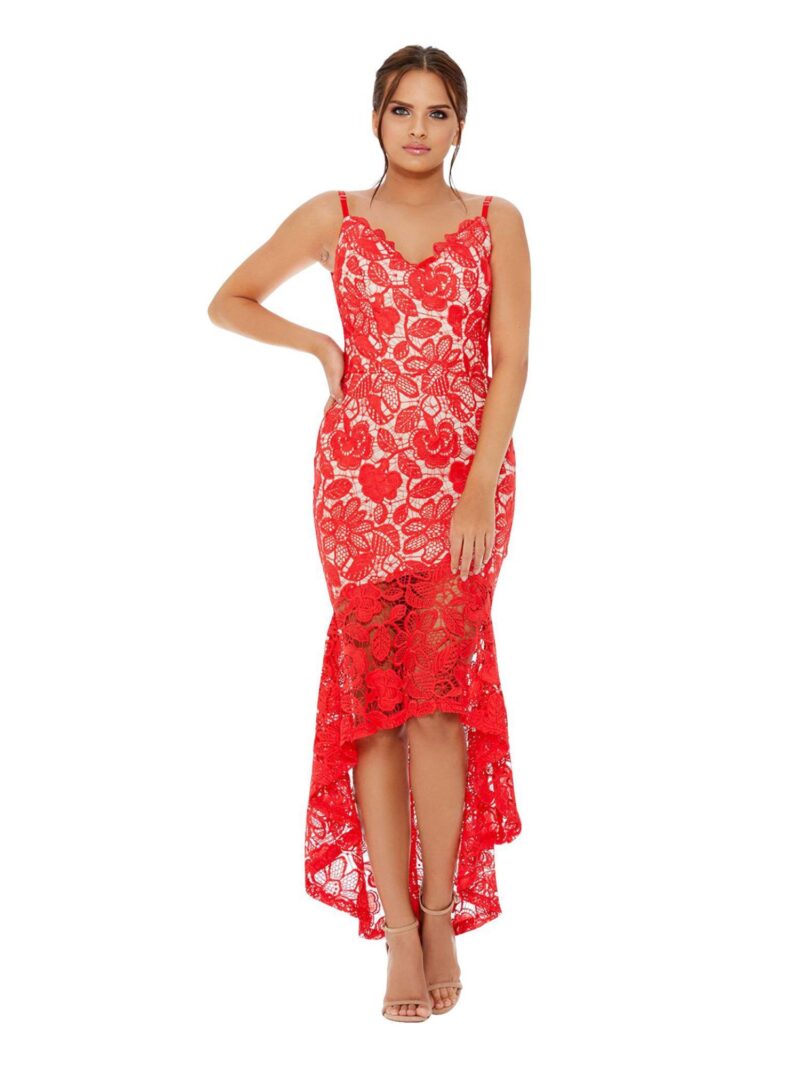 Red/Nude Crochet V Neck Red Dress