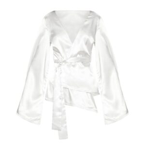 Silver Satin Drape Plunge Blouse