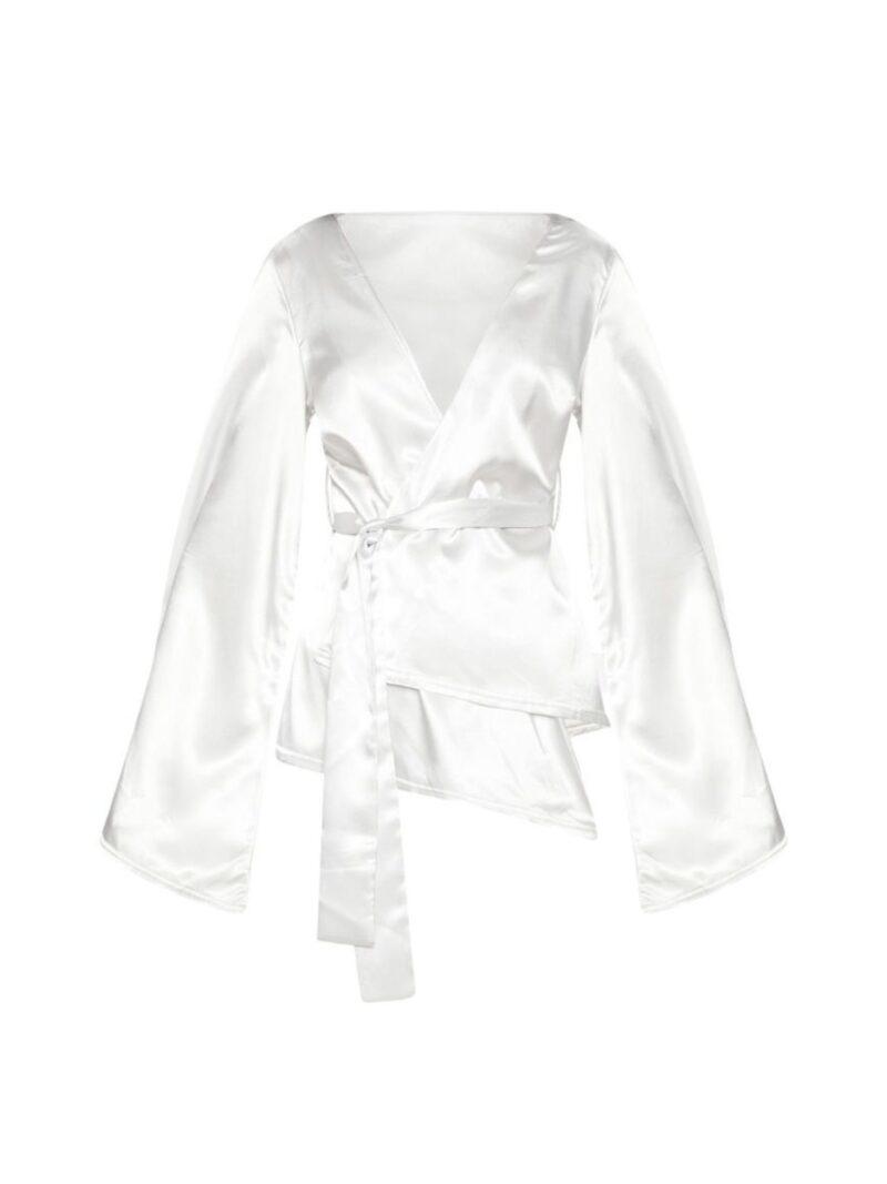 Silver Satin Drape Plunge Blouse