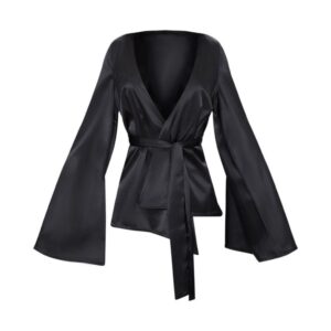 Black Satin Drape Plunge Blouse