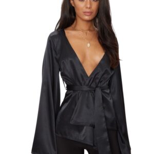 Black Satin Drape Plunge Blouse