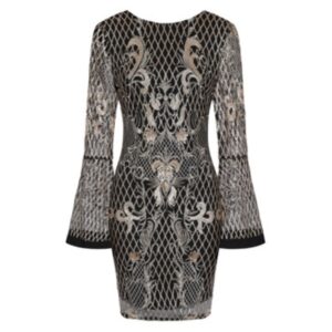 Gold Embellished Embroidery Sequin Bodycon Flare Sleeve Dress