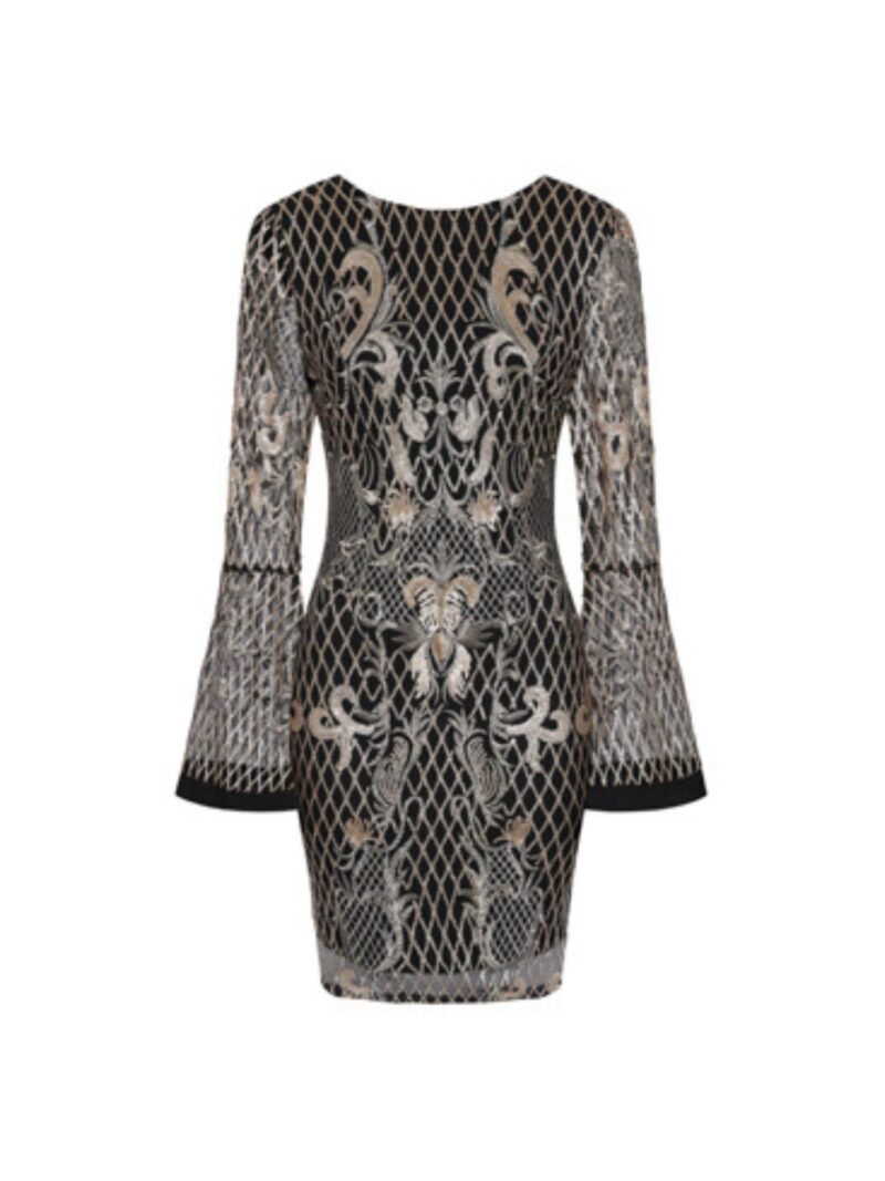 Gold Embellished Embroidery Sequin Bodycon Flare Sleeve Dress