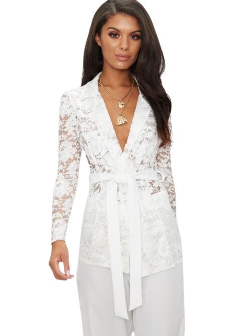 White Lace Belted Blazer